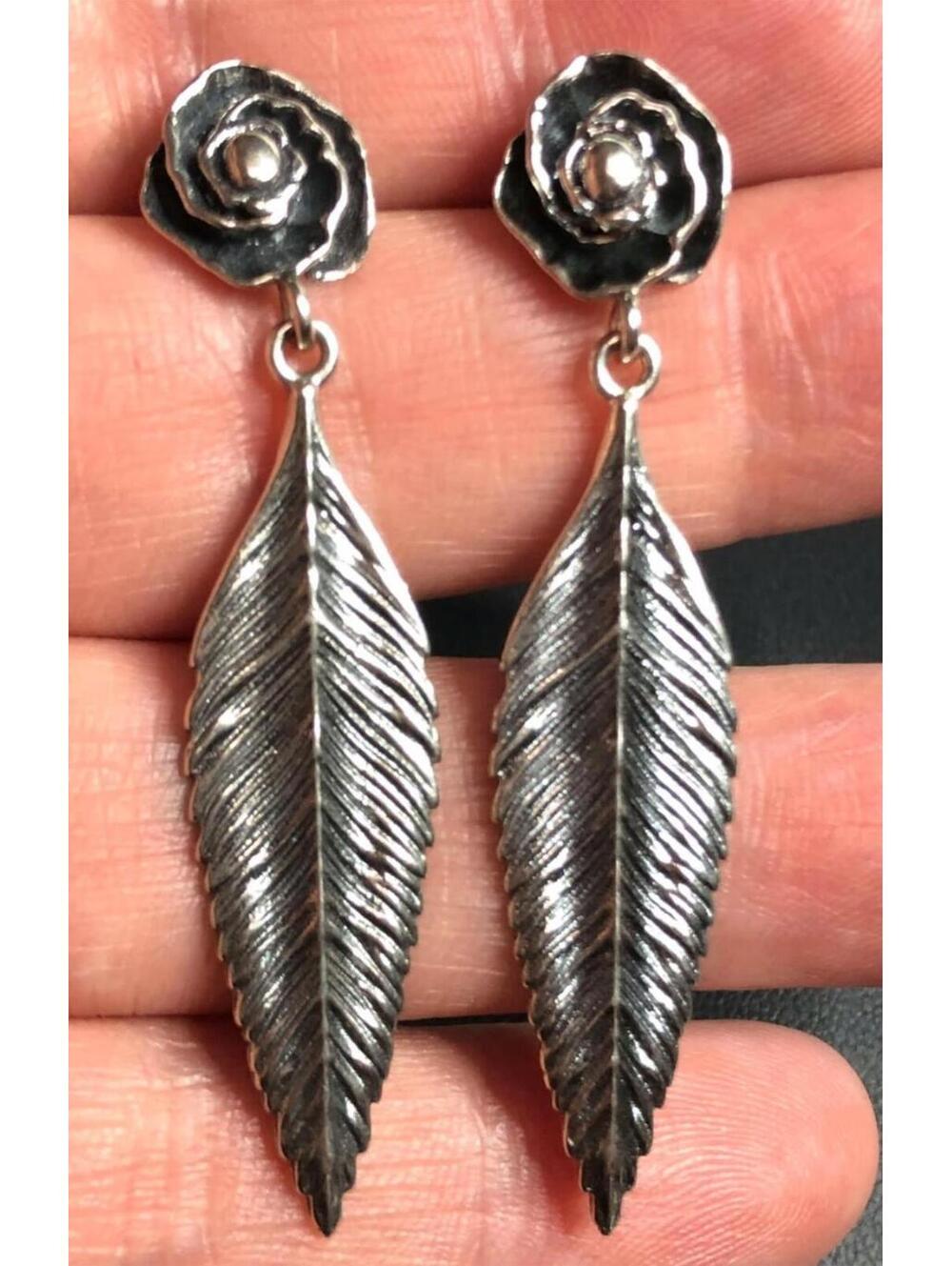 3031 Or Paz Sterling Silver 925 Israel flower Leaf drop 2-1/4" Earrings